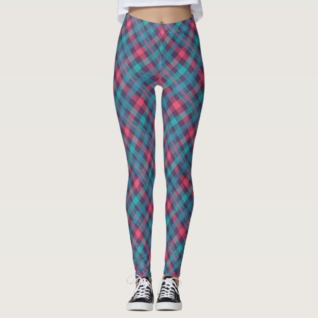 Leggings Motif carreaux bleu rose diagonal  (Devant)