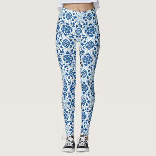 Leggings Motif carrelage vintage portugais bleu azulejos