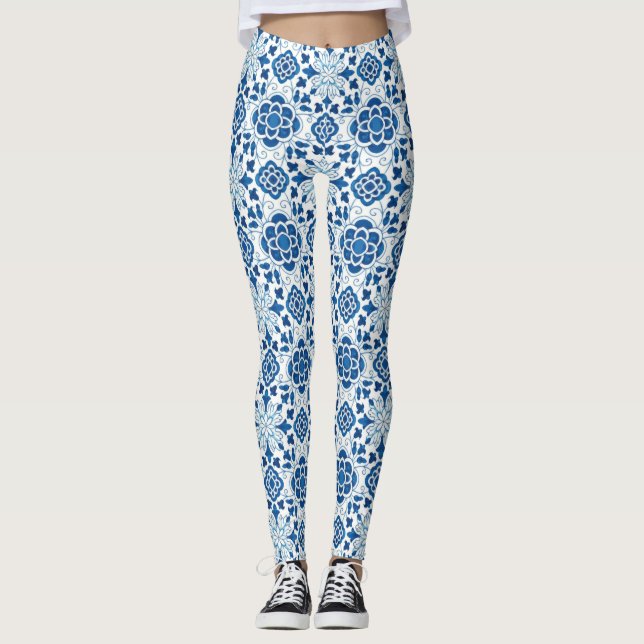 Leggings Motif carrelage vintage portugais bleu azulejos (Devant)