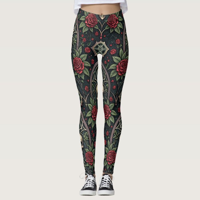 Leggings Motif céleste floral crâne gothique (3) (Devant)