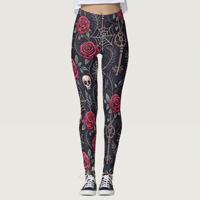 Leggings Motif céleste floral crâne gothique (4) (Devant)