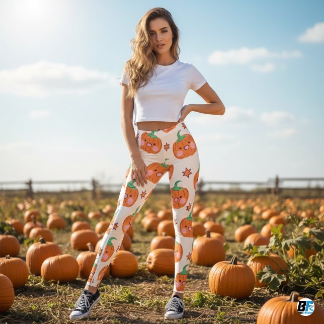 Leggings Motif Citrouille Orange Green Cute souriant (Créateur téléchargé)