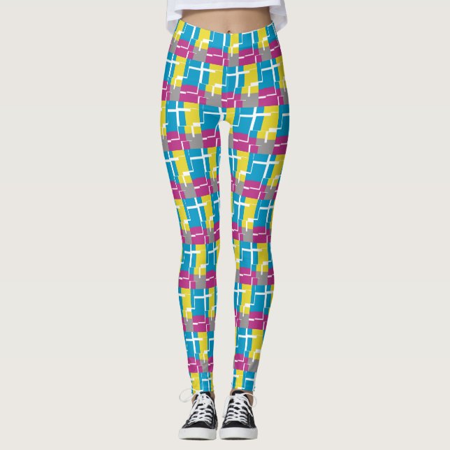 Leggings Motif cool violet bleu jaune gris (Devant)