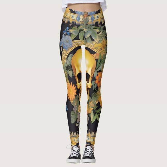 Leggings Motif crâne de fleurs | Couleurs vives (Devant)