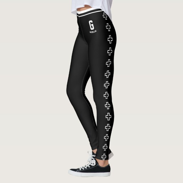 Leggings Motif croisé à rayures noires et blanches avec nom (Gauche)