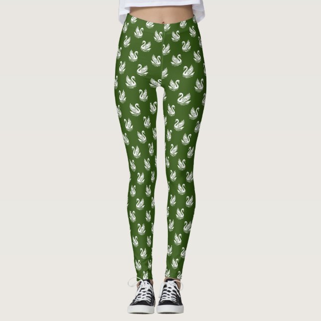 Leggings Motif cygne 02 - Blanc sur vert forestier (Devant)