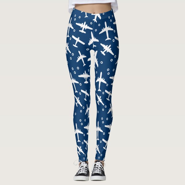 Leggings Motif d'aéronef bleu et blanc de la marine noire (Devant)