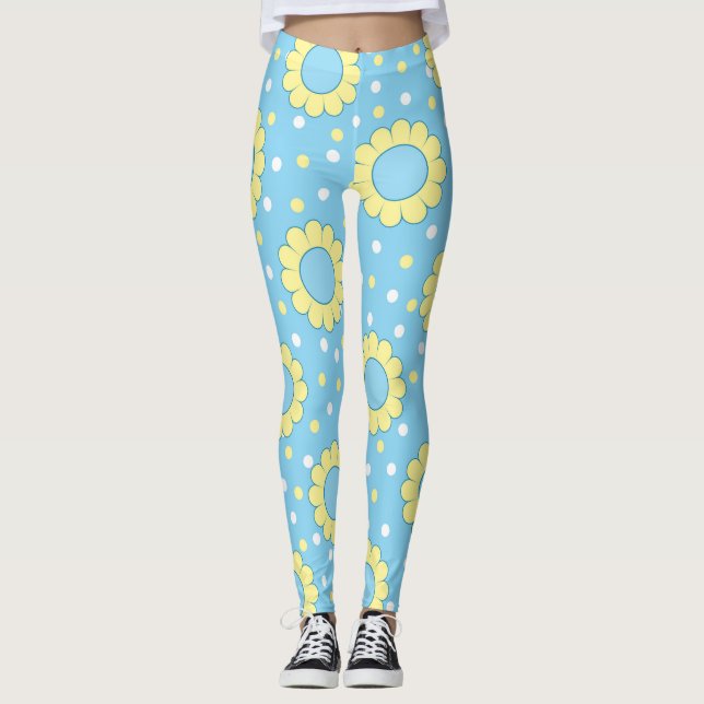 Leggings Motif d'alimentation en fleurs sur bleu (Devant)