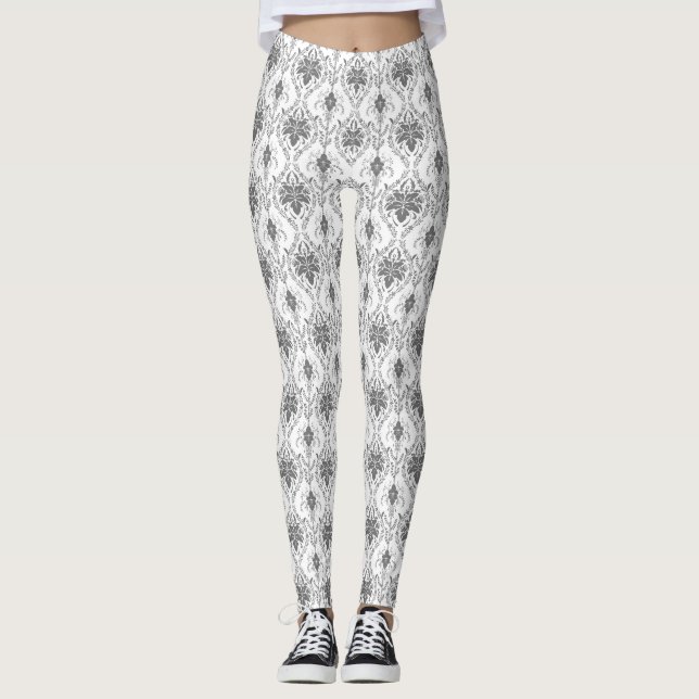 Leggings Motif Damask blanc et gris (Devant)