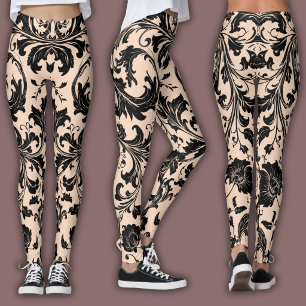 Leggings Motif Damassé Beige Noir & Pêche