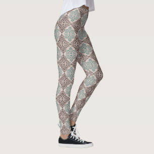 Leggings Motif damassé élégant sarcelle et marron sur fond