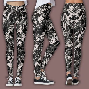 Leggings Motif Damassé Noir & Beige Naturel