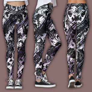 Leggings Motif Damassé Noir, Blanc & Indigo