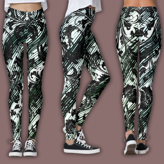 Leggings Motif Damassé | Noir, Blanc & Vert (Créateur téléchargé)