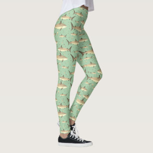 Leggings Motif d'aquarelle de requin jaune + vert mer