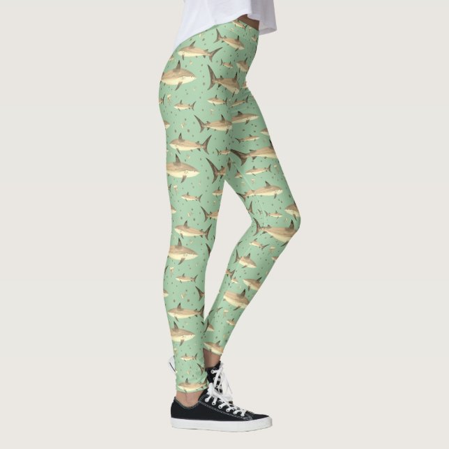 Leggings Motif d'aquarelle de requin jaune + vert mer (Droite)