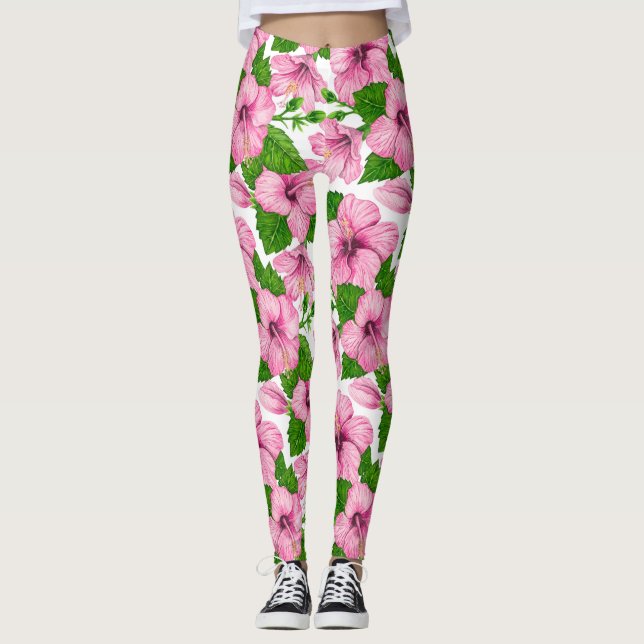 Leggings Motif d'aquarelle d'hibiscus rose (Devant)