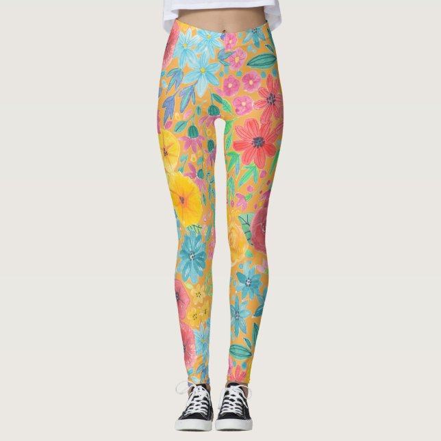 Leggings Motif d'aquarelle florale en jaune (Devant)