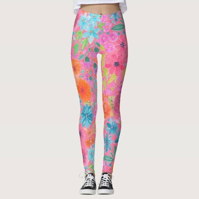 Leggings Motif d'aquarelle florale en rose (Devant)