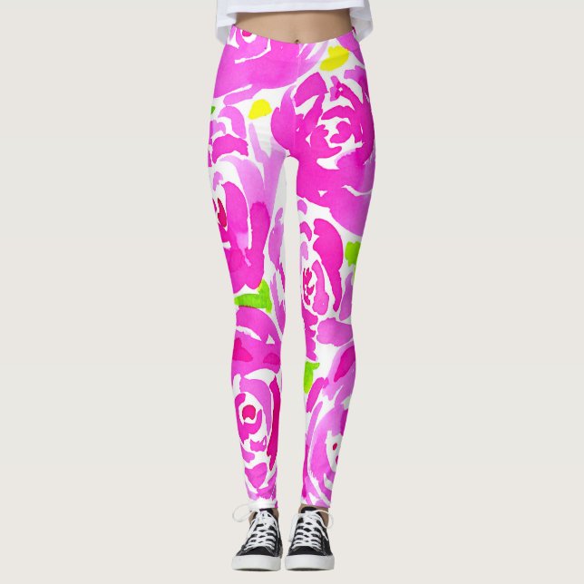 Leggings Motif d'aquarelle Magenta Peonies (Devant)
