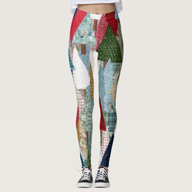 Leggings Motif d'arbre de Noël en patchwork festif (Devant)