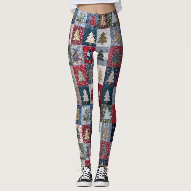 Leggings Motif d'arbre de Noël en patchwork festif (4) (Devant)