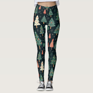Leggings Motif d'arbre de Noël vert et corail festif