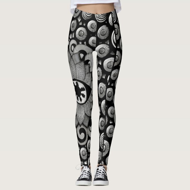 Leggings motif d'art abstrait noir et gris (Devant)