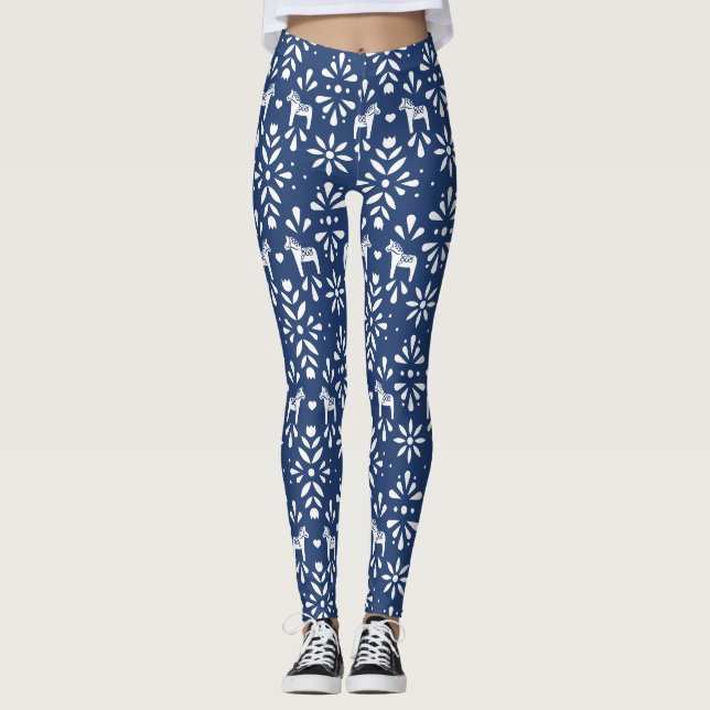 Leggings Motif d'art populaire Dala bleu et blanc (Devant)