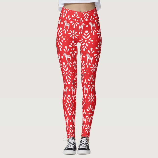 Leggings Motif d'art populaire Dala Rouge et Blanc (Devant)