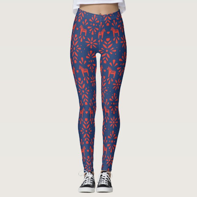 Leggings Motif d'art populaire Dala Rouge et Bleu (Devant)
