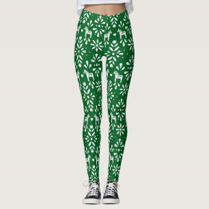Leggings Motif d'art populaire Dala vert et blanc