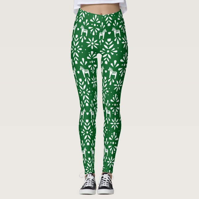 Leggings Motif d'art populaire Dala vert et blanc (Devant)
