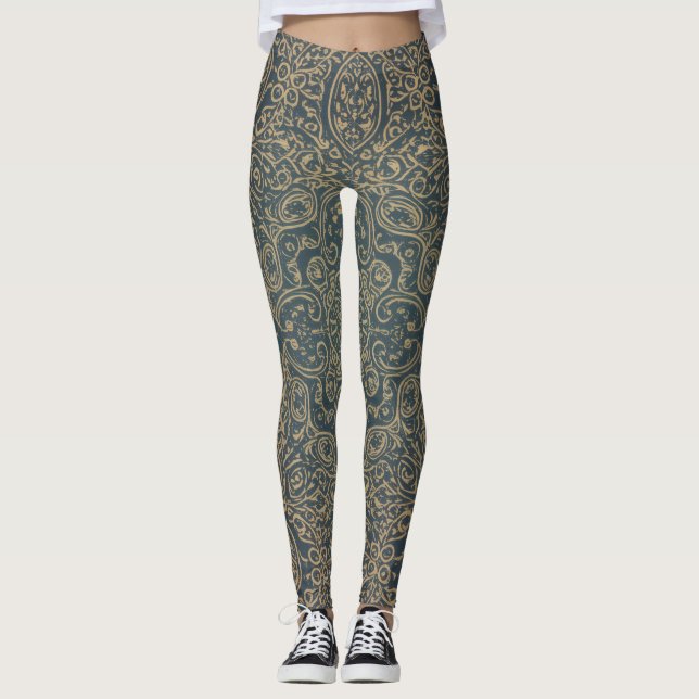 Leggings Motif d'artisan en vert forêt Lotus Paisley (Devant)