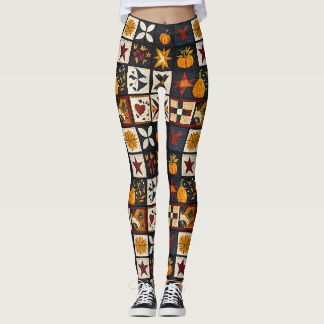 Leggings Motif de bloc de surface d'automne | Récolte rusti (Devant)
