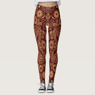 Leggings Motif de broderie de paisley de marguerite bordeau