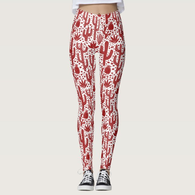 Leggings Motif de cactus - Ruby rouge et blanc (Devant)