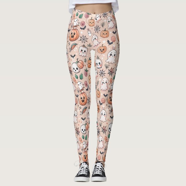 Leggings Motif de caniche d'Halloween avec Fantômes et Citr (Devant)