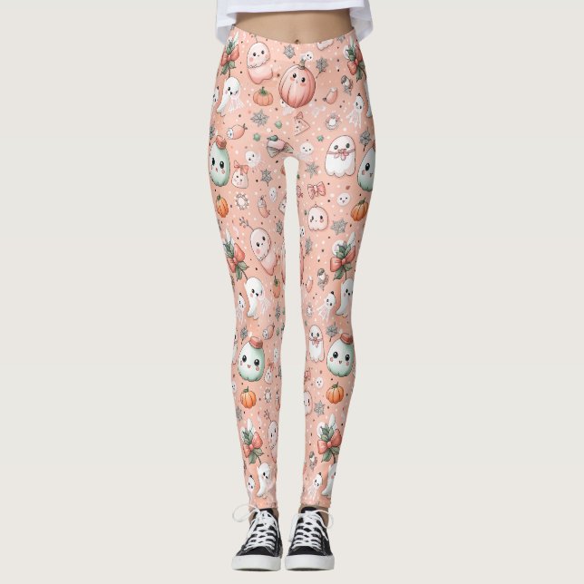 Leggings Motif de caniche d'Halloween avec Fantômes et Citr (Devant)