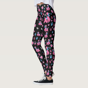 Leggings Motif de caniche rose et bleu sur fond noir