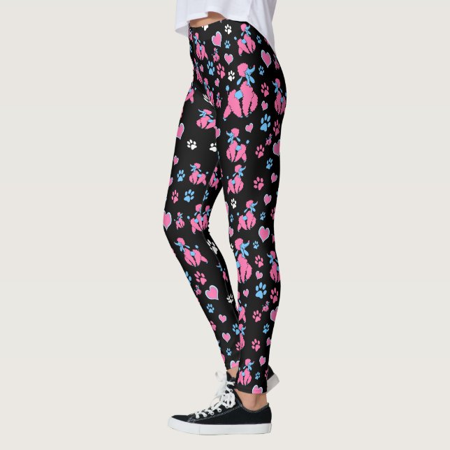 Leggings Motif de caniche rose et bleu sur fond noir (Gauche)