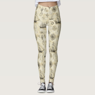 Leggings Motif de carte nautique vintage avec navires et bo