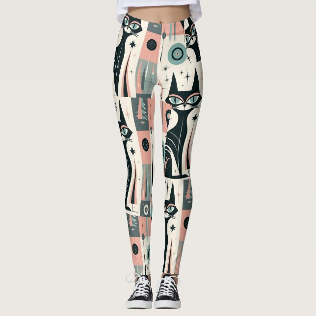 Leggings Motif de chat sarcelle rose atomique de milieu de  (Devant)