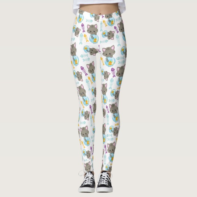 Leggings Motif De Chats, Chats Mignons, Chatons, Poisson (Devant)