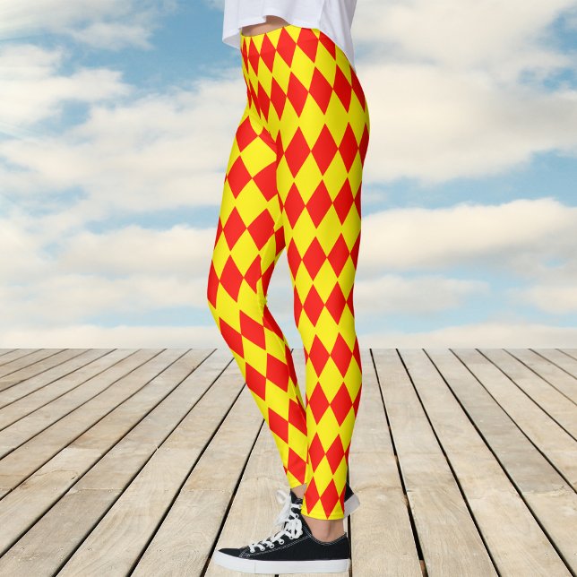 Leggings Motif de chèques Arlequin rouge et jaune (Red and Yellow Harlequin Check Pattern)