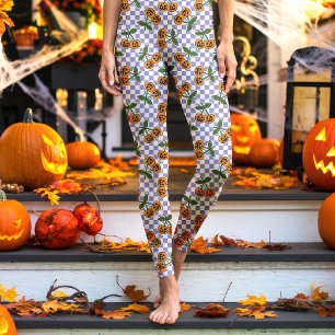 Leggings Motif de citrouilles cerises damier violet
