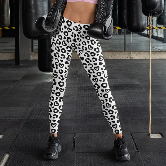 Leggings Motif de cœur de léopard noir et blanc (Black and White Leopard Heart Pattern Leggings)