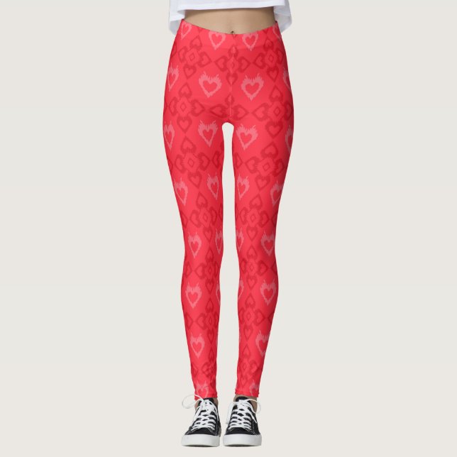 Leggings Motif de cœur de style Ikat rouge (Devant)