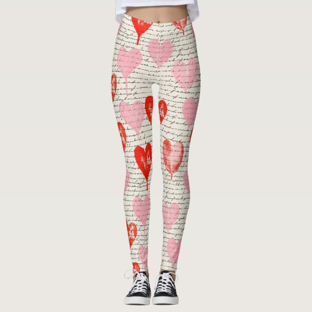 Leggings Motif de cœur moderne avec arrière-plan en script  (Devant)