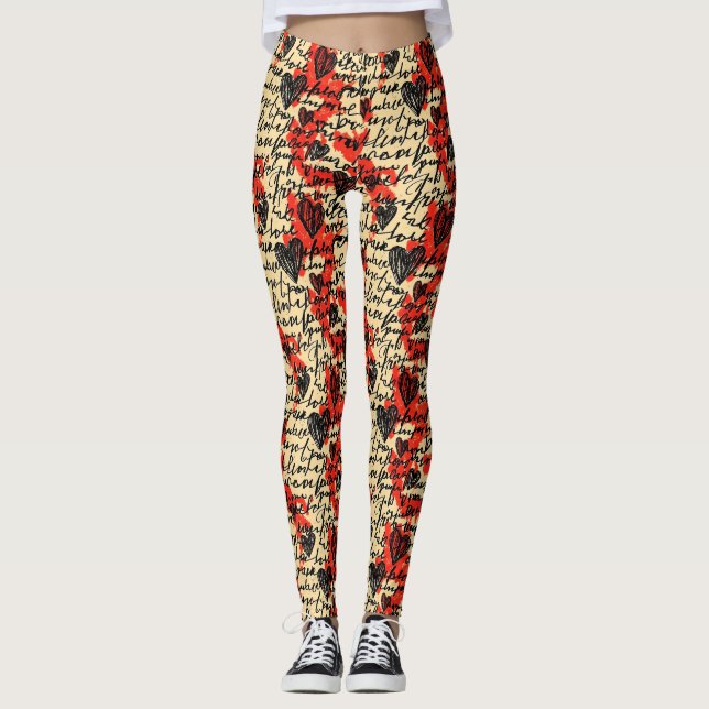 Leggings Motif de cœur moderne avec arrière-plan en script  (Devant)
